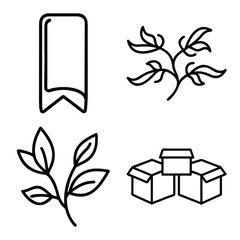 Digital Bookmark Ribbon, Natural Leaf Branches, Organic Foliage, and Group of Delivery Cardboard Boxes Outline Icons Set