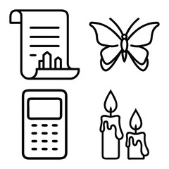Business Report Document Scroll, Elegant Butterfly Silhouette, Digital Calculator, and Melting Wax Candles Outline Icons Set