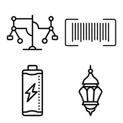 Digital Logic Tree Diagram, Product Barcode Scanner Symbol, Electric Battery Power Level, and Traditional Ramadan Lantern Outline Icons Set