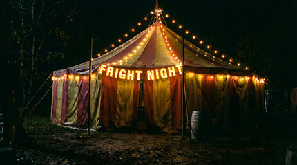  a dark, ominous circus tent at night, illuminated by warm, glowing lights. The sign reads "Fight Night." 