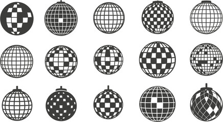 Versatile set of retro disco ball illustrations, featuring various geometric patterns and reflective designs, perfect for lively parties, vibrant celebrations, and dynamic nightlife themes