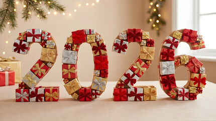 Photograph of the year "2026" formed by stacked gift boxes with red and gold ribbons, against a beige backdrop with string lights.