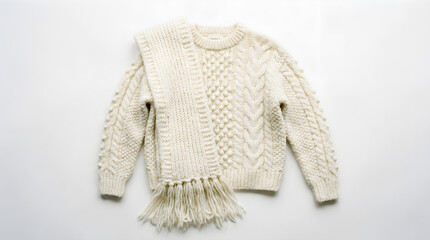 a cream-colored, hand-knitted sweater with intricate patterns and tassels, featuring a mix of chunky and fine yarn textures. 