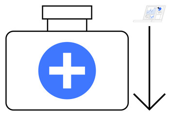 Fototapeta premium Healthcare technology, medical research, telemedicine, diagnostics, data analysis, emergency services. First aid box with blue cross and digital data report arrow. Healthcare technology and medical