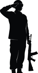 Silhouette of a soldier saluting with a rifle standing at attention