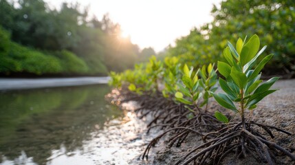 Tender Young Plants With Visible Roots In Wet Sandy Ground, Vivid Scene Of Juvenile Mangrove Plants With Exposed Roots By Tidal River