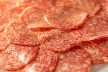 サラミを薄く切り丸皿に盛り付け