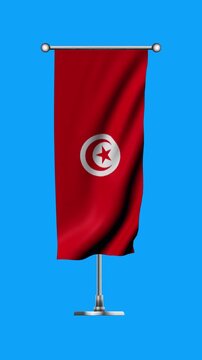Realistic Standing Vertical  Wavy Flag Banner of Tunisia on Metallic Pole with Loop Animation