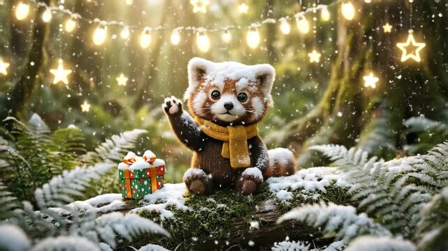 Cute red panda sits in misty forest before discovering glowing magical portal with wizard and lantern. Fantasy art house scene expressing wonder and adventure. video footage video footage