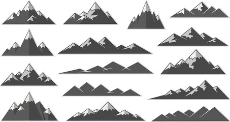 Diverse collection of flat design monochrome mountain range icons featuring snow-capped peaks and various topographic forms, ideal for illustrating natural landscapes and outdoor adventures