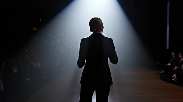 White woman performs on stage with microphone. Spotlight illuminates caucasian singer in tuxedo during live show. Gesturing emphatically to audience in concert sequence.