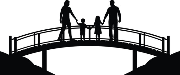 Family silhouette standing on a curved bridge against a bright background
