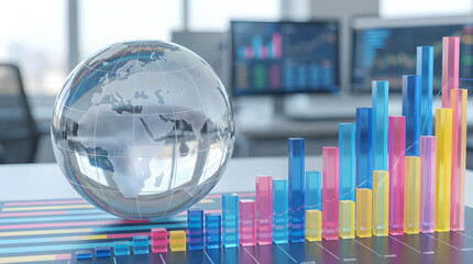 hiny, reflective globe and colorful bar graphs on a white desk, with a blurred office background featuring computer monitors displaying various data.