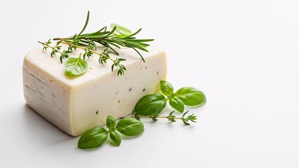 A cube of white soap with green herbs on top and around it
