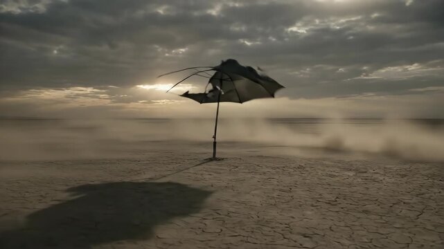 Lonely black umbrella stands alone on desolate beach at sunset with long shadow. Scene transitions to swirling white rose patterns emerging artistically. Surreal art house video evoking solitude and
