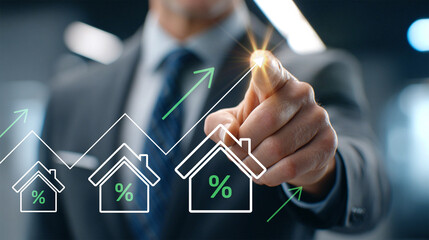 Businessman pointing at rising house price chart, real estate investment growth, mortgage rates, property market trend, financial success concept.