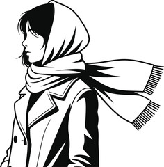 A black and white illustration of a woman wearing a coat and scarf