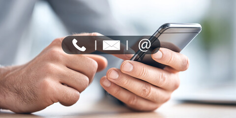 Close up of hand using smartphone with contact icons, digital communication, customer support and online connection technology concept.