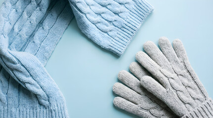  two knitted mittens in soft pastel blue and off-white shades, lying on a light blue background