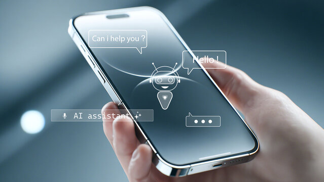 Hand holding smartphone with AI assistant chatbot interface, digital help messages and virtual assistant icon, modern customer support and AI technology concept. - Powered by Adobe