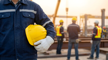 a construction site. A worker in a blue jacket and white gloves holds a yellow hard hat