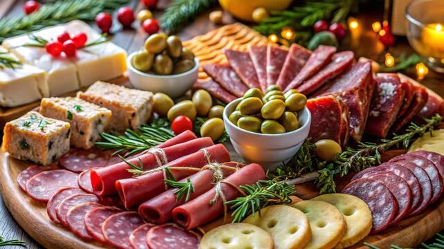 Gourmet charcuterie board with cured meats, cheeses, olives, and crackers, elegantly arranged for festive holiday dining concept under warm lights.