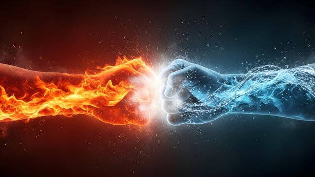 Epic collision of fire and water fists in a battle. Concept of opposing forces and elemental conflict. Flaming fire punch clashing with a freezing water fist creating steam and sparks