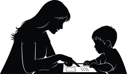 A mother and child engaged in learning together a tender silhouette