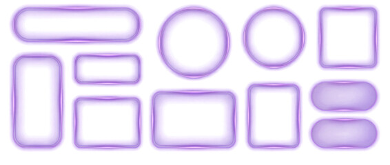 Purple 3D geometric shapes collection, glossy inflated jelly frames and glowing elements, modern UI or design asset set