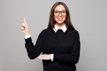 Young successful employee business woman corporate lawyer she wear black sweater shirt work in...