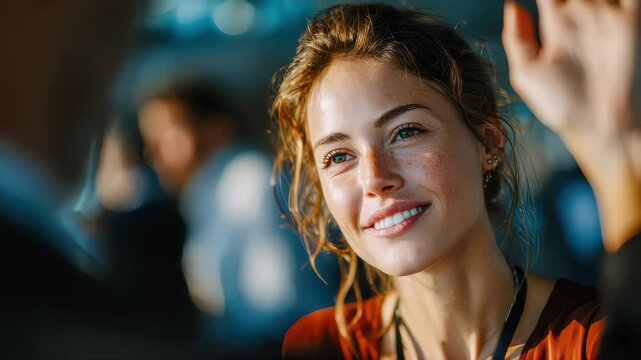 Smiling young woman giving a high five in a modern office, expressing positivity, teamwork, and professional success