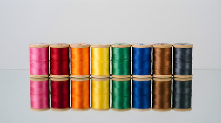 spools of colorful yarn, neatly arranged in two rows on a reflective surface. 