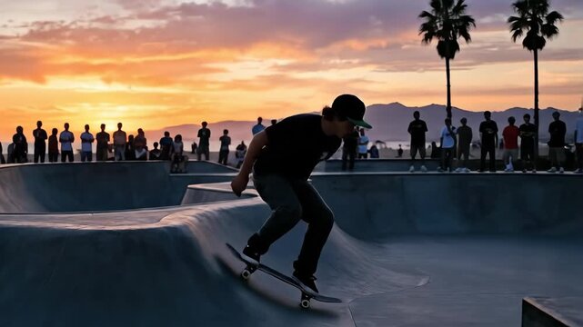 Young man performs skateboard tricks at sunset skate park then cute blue robot appears in artistic white room expressing emotions through glowing eyes video footage video footage