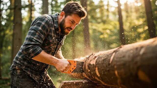 Man using chainsaw to cut large log in sunny forest. Lumberjack performing woodcutting task outdoors. Forestry work and timber harvesting concept in woodland environment.