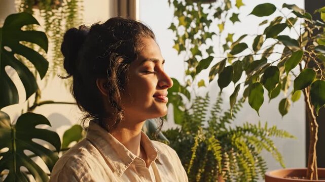 Young woman relaxing with closed eyes among indoor plant sunlight serenity, young woman relaxation among indoor plant sunlight calm profile, woman breathing deeply sunlit indoor garden with