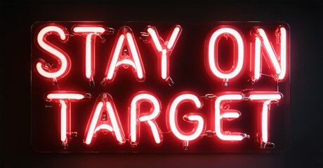 Bright red neon sign displays text Stay On Target. Dark background emphasizes glowing illumination, simple message.