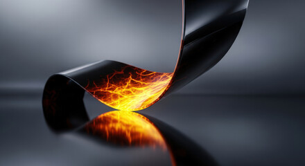 Abstract Black Ribbon with Fiery Underside A Striking Contrast of Darkness and Light in a Modern Artistic Composition on a Sleek Grey Reflective Surface