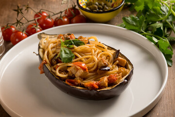 eggplant stuffed with spaghetti and swordfish