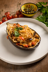 eggplant stuffed with spaghetti and swordfish