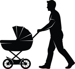 Silhouette of a father walking with a baby in a stroller
