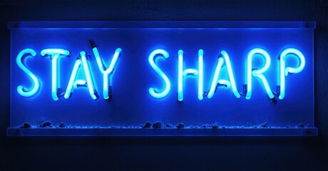 Fototapeta premium Bright blue neon sign displays words stay sharp against dark wall. Simple, modern aesthetic. Minimalist design, impactful message.
