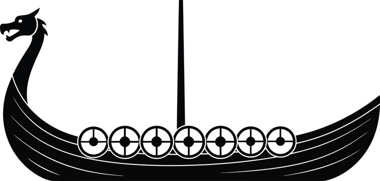 A sleek black silhouette of a traditional viking longship at sea