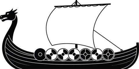 A black and white illustration of a viking ship with a dragon head