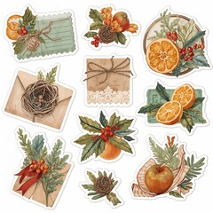 Vintage style holiday stickers featuring oranges apples envelopes and winter greenery arrangements