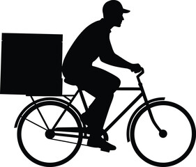 Silhouette of a delivery person riding a bicycle with a large box