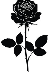 A striking black silhouette of a rose with leaves on a white background