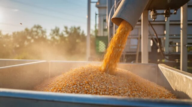Harvesting golden corn kernels in a modern agricultural setting under bright sunlight