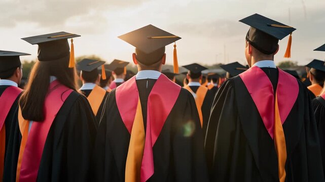 Graduation ceremony with diverse students wearing caps and gowns celebrating achievement under a beautiful sunset