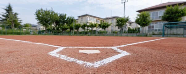 Serene Baseball Field In Dawn, Quiet Suburban Baseball Scene At Sunrise, Silent Community Sports Field With Freshly Drawn Lines At Daybreak