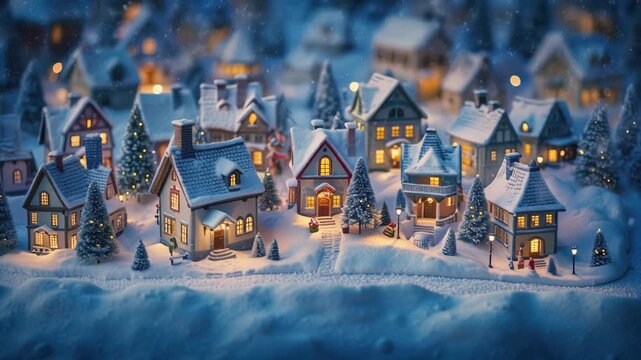 Charming winter village scene with snow-covered houses and festive decorations for holiday themes